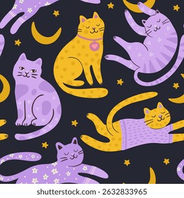 Whimsical Cat Cute Pet Seamless Pattern Star Moon Good Night Background Vector Flat Quirky Dreamy Animal Wallpaper