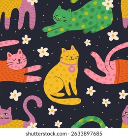 Whimsical Cat Cute Pet Seamless Pattern Background Vector Flat Quirky Dreamy Animal Daisy Flower Wallpaper