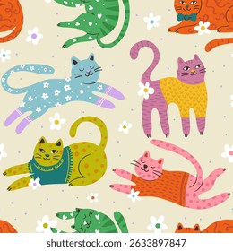 Whimsical Cat Cute Pet Seamless Pattern Background Vector Flat Quirky Dreamy Animal Daisy Flower Wallpaper