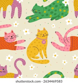 Whimsical Cat Cute Pet Seamless Pattern Background Vector Flat Quirky Dreamy Animal Daisy Flower Wallpaper