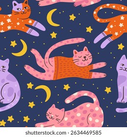 Whimsical Cat Cute Pet Seamless Moon Star Pattern Background Vector Flat Quirky Dreamy Animal Wallpaper Pajama Print