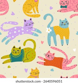 Whimsical Cat Cute Pet Seamless Pattern Love Heart Background Magic Vector Flat Quirky Dreamy Animal Wallpaper