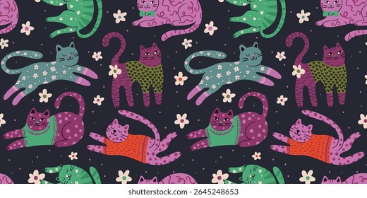 Whimsical Cat Cute Pet Seamless Pattern Background Vector Flat Quirky Dreamy Animal Daisy Flower Wallpaper