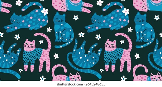 Whimsical Cat Cute Pet Seamless Floral Pattern Background Vector Daisy Flower Flat Quirky Dreamy Green Animal Wallpaper
