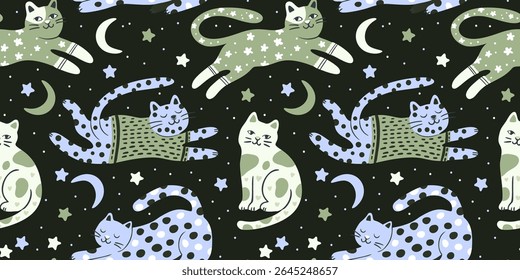 Whimsical Cat Cute Pet Seamless Moon Star Pattern Background Vector Flat Quirky Dreamy Animal Wallpaper Pajama Print