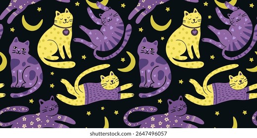 Whimsical Cat Cute Pet Seamless Pattern Star Moon Good Night Background Vector Flat Quirky Dreamy Animal Wallpaper