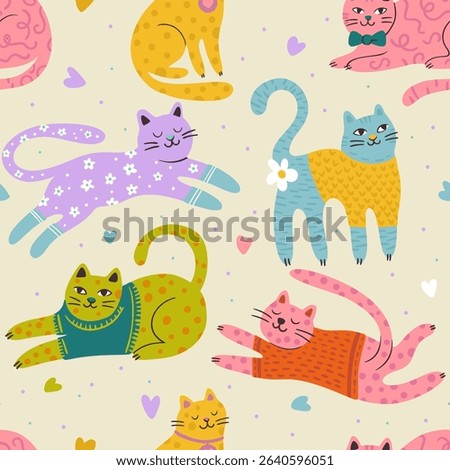 Whimsical Cat Cute Pet Seamless Pattern Love Heart Background Magic Vector Flat Quirky Dreamy Animal Wallpaper