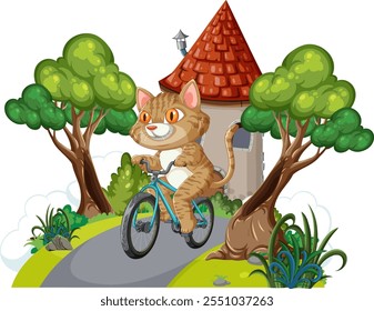 A whimsical cat cycling through a magical landscape