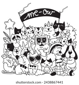 Whimsical Cat Doodle Gathering, Illustration Vector
