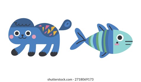 Whimsical Cat and Fish Characters with Geometric Decorations  
