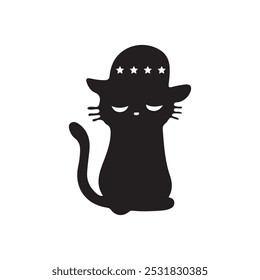 Whimsical Cat with Hat—Monochrome Illustration Highlighting Playful Expression