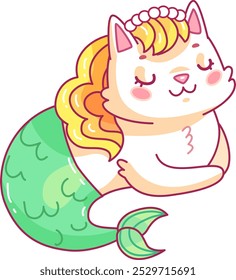 A whimsical cat mermaid is lounging peacefully featuring a sparkling green tail and vibrant golden locks radiating charm and enchantment.