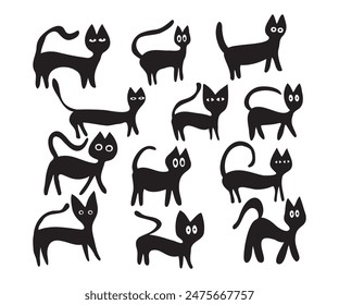 Whimsical cat silhouette vectors, cute hand-drawn cats, cat illustrations, cat icons for projects, high-quality, cat doodles, hand drawing