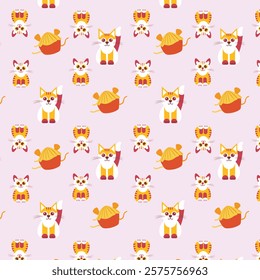 Whimsical Cat and Yarn Ball Pattern on Light Pink Background