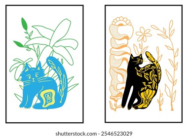 Gatos caprichosos en el jardín floral impresión de arte moderno, flores cartel del gato, decoración vibrante del arte de la pared