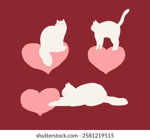 Whimsical cats with heart elements. Naive hand-drawn illustration. St.Valentine's Day and love theme. Flat vector elements isolated on white background