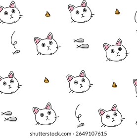 Whimsical Catscape Pattern: repetição lúdica de rosto de gatinho de olhos largos e peixe em padrão vetorial, evocando alegria infantil e simplicidade inocente.