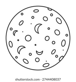 Whimsical celestial illustration featuring a round moon surface adorned with scattered craters and crescent moon symbols in varying sizes for artistic and educational projects