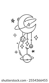 Whimsical celestial mobile design featuring planets, stars, and a crescent moon