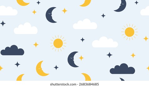 Whimsical celestial pattern with moons clouds and suns.