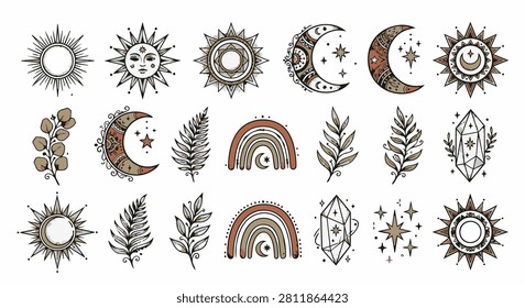Whimsical celestial suns, crescent moons adorned with intricate patterns, and delicate botanical sprigs in a warm, earthy terracotta and beige palette, evoking a mystical and
