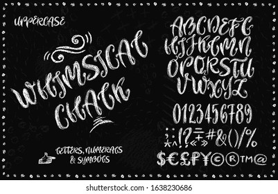 Whimsical chalk alphabetical set of uppercase english letters, numerals, special symbols, money signs