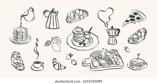 Whimsical chalk doodles of food and charcuterie. Quirky icons of breakfast and dinner meals in crayon style. Crayon drawing for menus and invitations. La dolce vita italian vector illustration