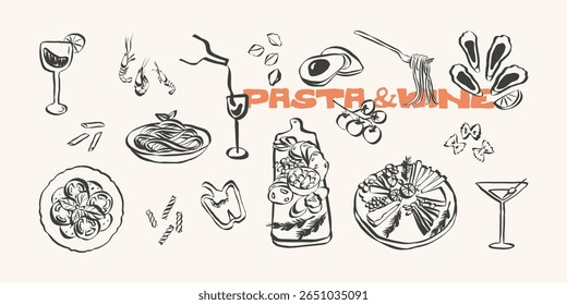 Whimsical chalk doodles of food and charcuterie. Quirky icons of breakfast and dinner meals in crayon style. Crayon drawing for menus and invitations. La dolce vita italian vector illustration