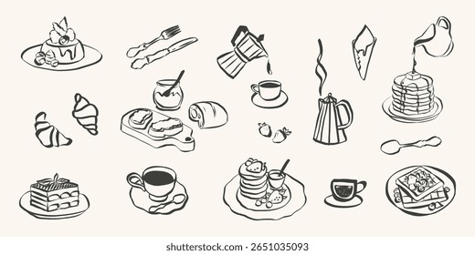 Whimsical chalk doodles of food and charcuterie. Quirky icons of breakfast and dinner meals in crayon style. Crayon drawing for menus and invitations. La dolce vita italian vector illustration