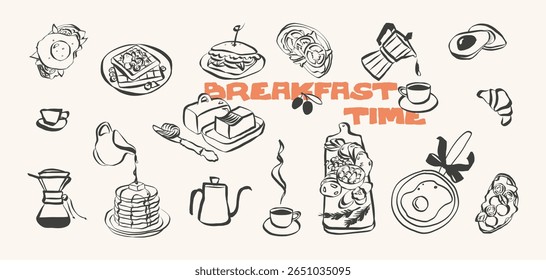 Whimsical chalk doodles of food and charcuterie. Quirky icons of breakfast and dinner meals in crayon style. Crayon drawing for menus and invitations. La dolce vita italian vector illustration