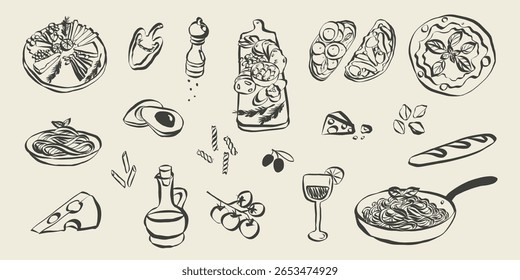 Whimsical chalk doodles of italian food. Quirky icons of breakfast and dinner meals in crayon style. Crayon drawing for menus and invitations. La dolce vita italian vector illustration