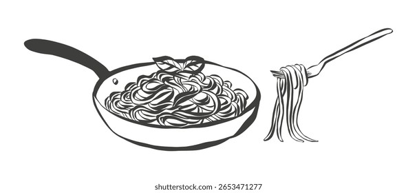 Caprichoso giz rabisca de massa. Ícone sarcástico de espaguete e macarrão em estilo crayon. Crayon desenho para menus e convites. La dolce vita ilustração vetor italiano