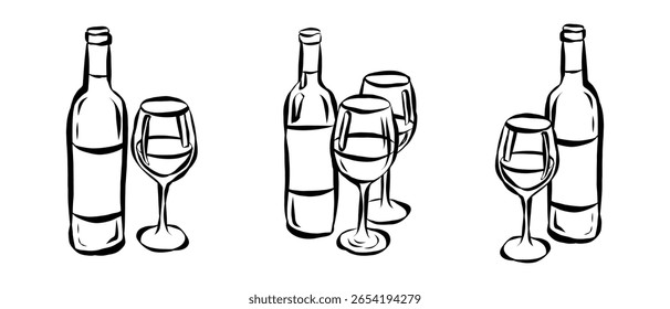 Whimsical chalk doodles of wine glass and bottle. Quirky icons of breakfast and dinner meals in crayon style. Crayon drawing for menus and invitations. La dolce vita italian vector illustration