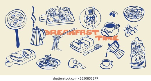 Whimsical chalk food and breakfast doodles. Quirky icons of charcuterie and dinner meals in crayon style. Trendy art for menus and invitations. La dolce vita italian vector illustration