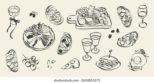 Whimsical chalk food and charcuterie doodles. Quirky icons of breakfast and dinner meals in crayon style. Trendy art for menus and invitations. La dolce vita italian vector illustration