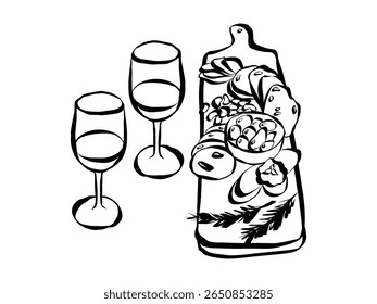 Whimsical chalk tapas and charcuterie board doodles. Quirky food of breakfast and dinner meals in crayon style. Trendy art for menus and invitations. La dolce vita italian vector illustration
