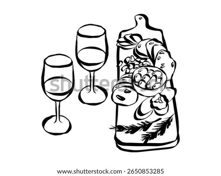Whimsical chalk tapas and charcuterie board doodles. Quirky food of breakfast and dinner meals in crayon style. Trendy art for menus and invitations. La dolce vita italian vector illustration