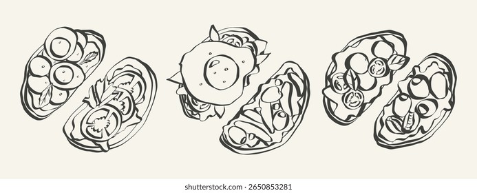 Whimsical chalk tapas and charcuterie doodles. Quirky icons of food and breakfast meals in crayon style. Trendy art for menus and invitations. La dolce vita italian vector illustration