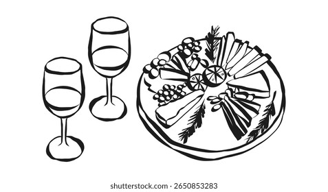 Whimsical chalk wine and charcuterie board doodles. Quirky food of breakfast and dinner meals in crayon style. Trendy art for menus and invitations. La dolce vita italian vector illustration
