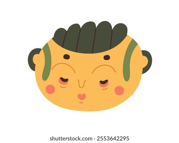 Whimsical character with calm serene face expression, tranquil emotion, eyes closed. Quirky head avatar, user profile, zen and relaxation. Comic flat vector illustration isolated on white background