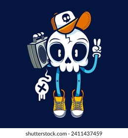 A whimsical character design of a skull wearing a pirate hat and sneakers, carrying a boombox, symbolizing a blend of urban street culture and music.