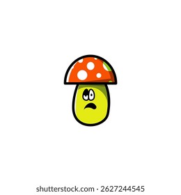 A whimsical character features a yellow body with a vibrant orange and white dotted mushroom cap. It expresses a sad emotion, adding a playful touch to its design and style.