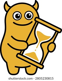 Whimsical character with large eyes grasping an inverted hourglass conveying urgency or the fleeting nature of moments.