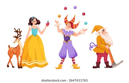 Whimsical Characters in a Fantasy Scene Featuring a Jester and a Beautiful Enchanted Forest