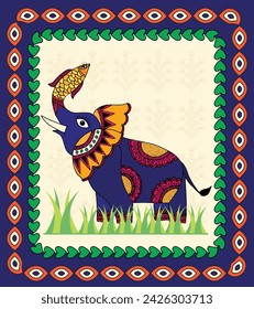 Whimsical Charm, Elephant and Fish in Madhubani Art, Elephant and Fish Motif, Colorful Ethnic Painting, Nature-inspired Madhubani Design.