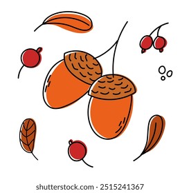 A whimsical and charming illustration featuring acorns alongside vibrant autumn leaves, ideal for seasonal designs