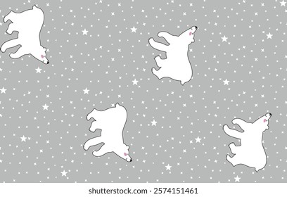A whimsical and charming seamless pattern featuring white polar bears, depicted in a cartoon style, floating amidst a multitude of small white stars against a soft grey background.