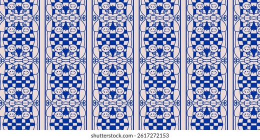 Whimsical checkerboard baskets overflowing with happy apple characters, tied off with big ribbon bows and framed by delicate vines.