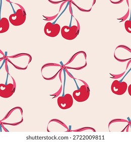 Padrão de cerejas whimsical. Cartoon cerejas com arco de fita rosa sem costura padrão no fundo bege. Ilustração vetorial.