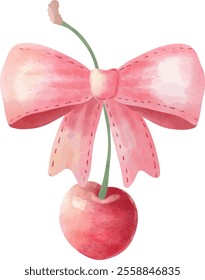 Whimsical Cherry with Bow Illustration